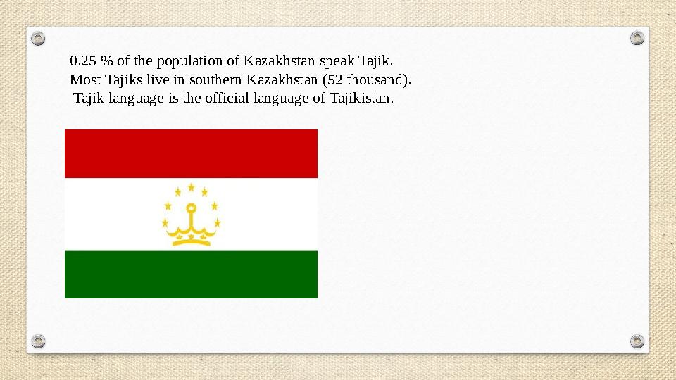 0.25 % of the population of Kazakhstan speak Tajik. Most Tajiks live in southern Kazakhstan (52 thousand). Tajik language is