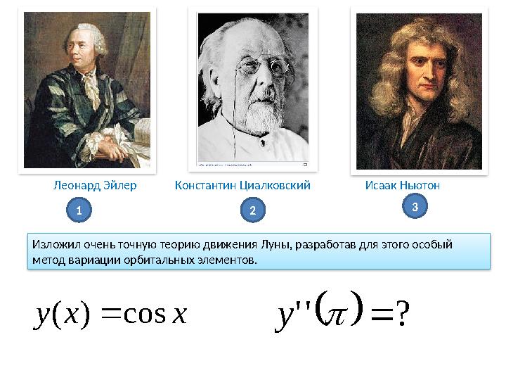 Константин Циалковский Исаак Ньютон Изложил очень точную теорию движения Луны, разработав для этого особый метод вариации орб