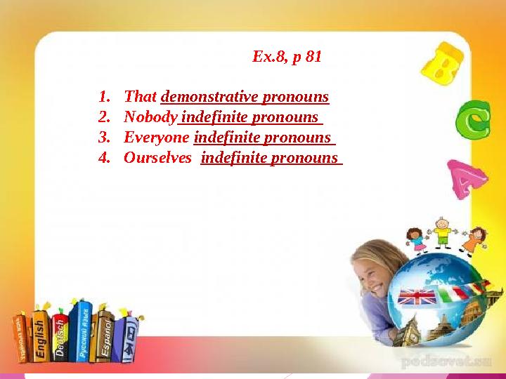 Ex.8, p 81 1. That demonstrative pronouns 2. Nobody indefinite pronouns 3. Everyone indefinite pronouns 4. Ourselves