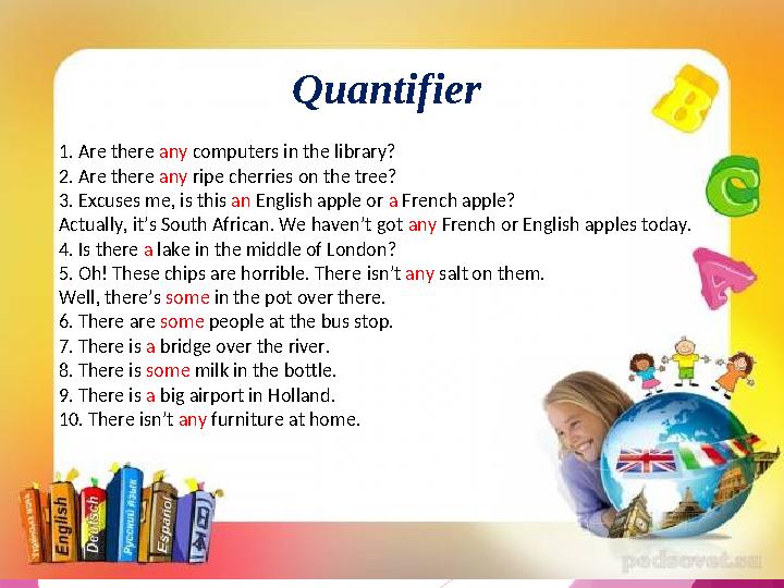 Quantifier 1. Are there any computers in the library? 2. Are ther e any ripe cherries on the tree? 3. Excuses me, is