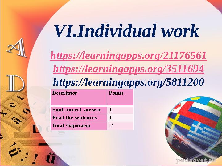 VI.Individual work https://learningapps.org/21176561 https://learningapps.org/3511694 https://learningapps.org/5811200 Descript
