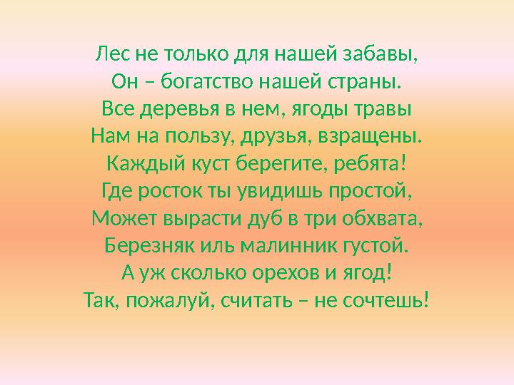 Лес не только для нашей забавы, Он – богатство нашей страны. Все деревья в нем, ягоды травы Нам на пользу, друзья, взращены. Каж