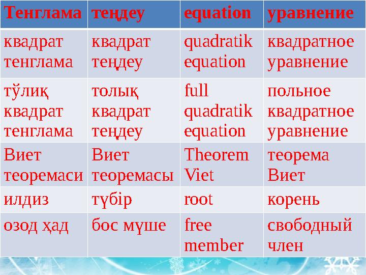 Тенглама теңдеу equation уравнение квадрат тенглама квадрат теңдеу quadratik equation квадратное уравнение тўлиқ квадрат те