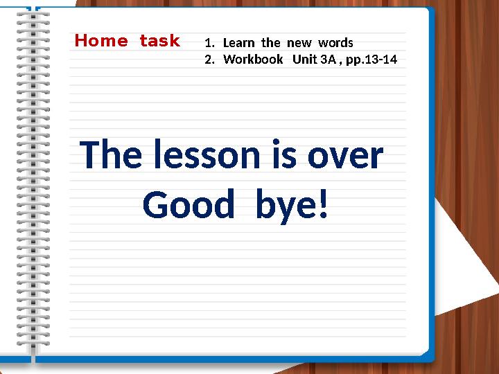 Home task 1. Learn the new words 2. Workbook Unit 3A , pp.13-14 The lesson is over Good bye!