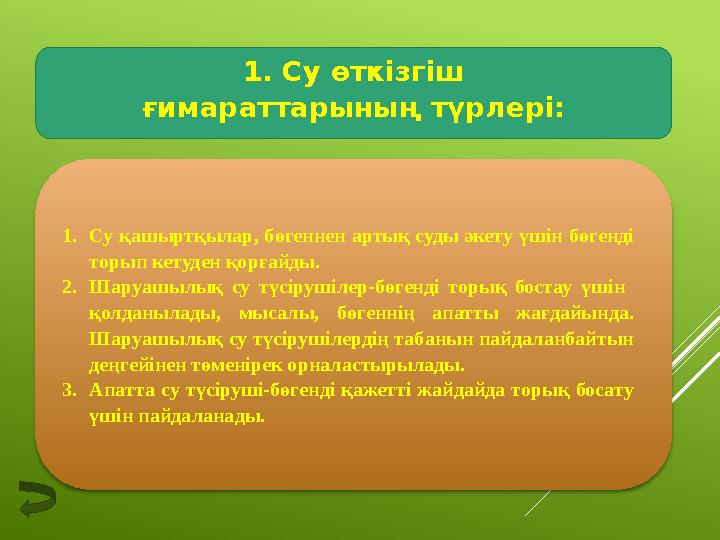 1. Су өткізгіш ғимараттарының түрлері: 1. Су қашыртқылар, бөгеннен артық суды әкету үшін бөгенді торып кетуден қорғайды. 2. Ша