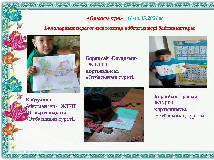 «Отбасы күні» 11-14 .05.2021ж Балалардың педагог-психологқа жіберген кері байланыстары Боранбай Жауқазын - ЖТДТ І қор