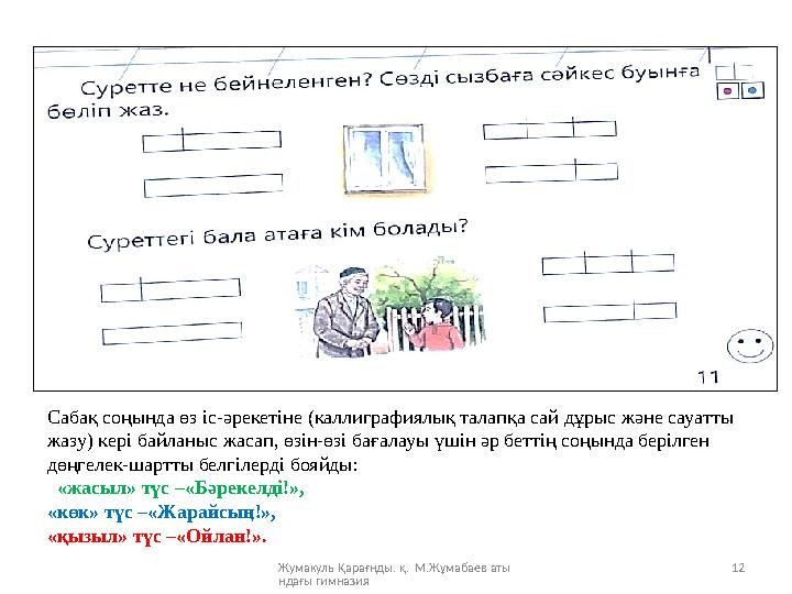 Жумакуль Қарағнды. қ. М.Жұмабаев аты ндағы гимназия 12Сабақ соңында өз іс-әрекетіне (каллиграфиялық талапқа сай дұрыс және