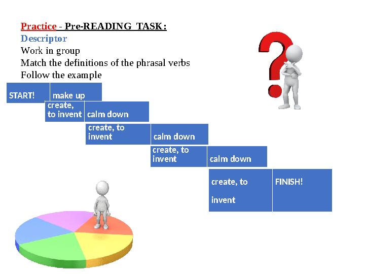 Practice - Pre-READING TASK: Descriptor Work in group Match the definitions of the phrasal verbs Follow the example START! ma