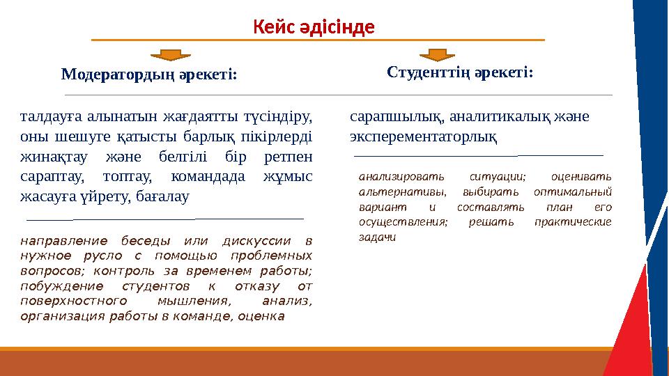 Модератордың әрекеті: Кейс әдісінде талдауға алынатын жағдаятты түсіндіру, оны шешуге қатысты барлық пікірлерді жинақт