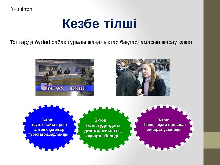 1 -топ : тәулік бойы орын алған оқиғалар туралы хабарлайды 3 -топ : Тілші ; оқиға орнынан ақпарат ұсынады2 -топ : Тел
