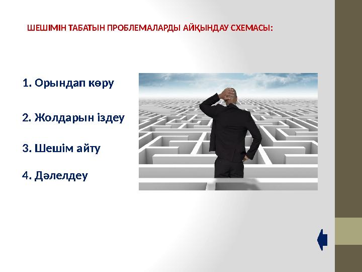 ШЕШІМІН ТАБАТЫН ПРОБЛЕМАЛАРДЫ АЙҚЫНДАУ СХЕМАСЫ: 1. Орындап көру 2. Жолдарын іздеу 3. Шешім айту 4. Дәлелдеу