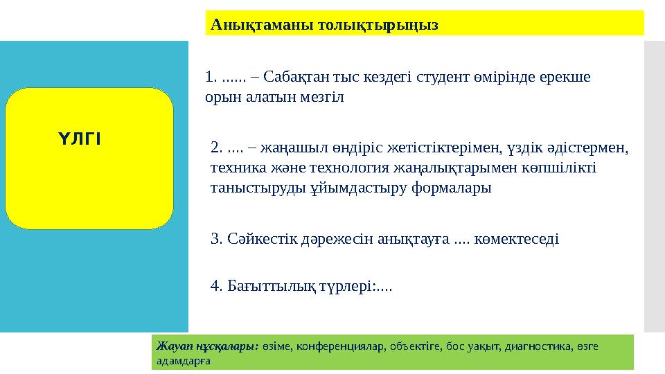 Анықтаманы толықтырыңыз 1. ...... – Сабақтан тыс кездегі студент өмірінде ерекше орын алатын мезгіл 2. .... – жаңашыл өндіріс