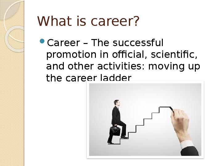 What is career?  Career – The successful promotion in official, scientific, and other activities: moving up the career ladde