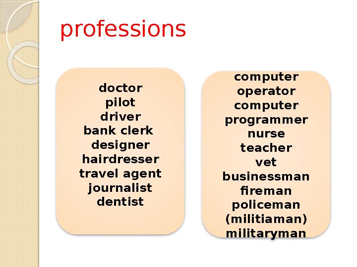professions doctor pilot driver bank clerk designer hairdresser travel agent journalist dentist computer operator computer pr