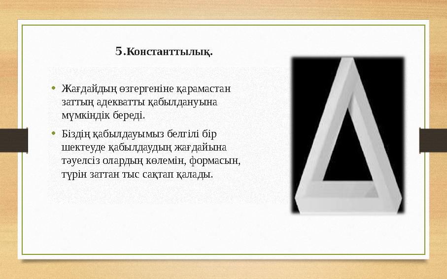 5. Константтылық. • Жағдайдың өзгергеніне қарамастан заттың адекватты қабылдануына мүмкіндік береді. • Бізд