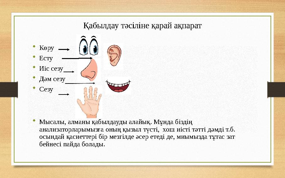 Қабылдау тәсіліне қарай ақпарат • Көру • Есту • Иіс сезу • Дәм сезу • Сезу • Мысалы, алманы қабылдауды алайық. Мұнда біздің ана