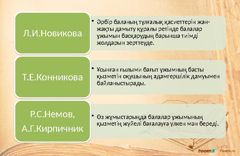 • Әрбір баланың тұлғалық қасиеттерін жан- жақты дамыту құралы ретінде балалар ұжымын басқарудың барынша тиімді жолдарын зертте