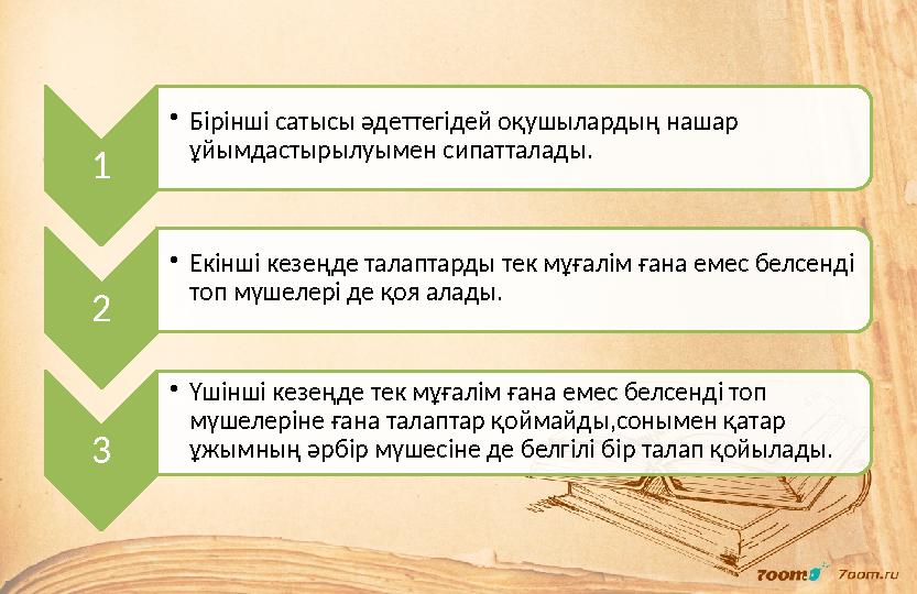 1 • Бірінші сатысы әдеттегідей оқушылардың нашар ұйымдастырылуымен сипатталады. 2 • Екінші кезеңде талаптарды тек мұғалім ғана