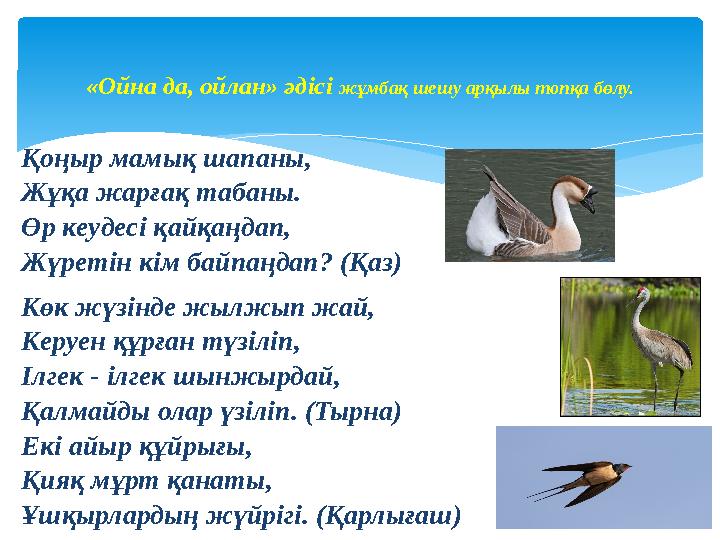 Қоңыр мамық шапаны, Жұқа жарғақ табаны. Өр кеудесі қайқаңдап, Жүретін кім байпаңдап? (Қаз) Көк жүзінде жылжып жай, Керуен құрған