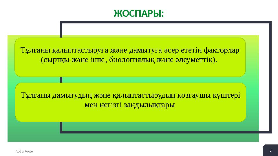 2Add a Footer 2 + 2ЖОСПАРЫ: Тұлғаны қалыптастыруға және дамытуға әсер ететін факторлар (сыртқы және ішкі, биологиялық және әлеу