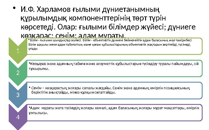• И.Ф. Харламов ғылыми дүниетанымның құрылымдық компоненттерінің төрт түрін көрсетеді. Олар: ғылыми білімдер жүйесі; дүниеге