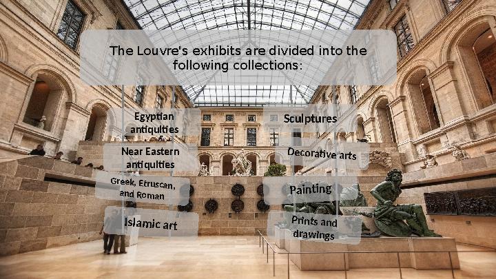 The Louvre's exhibits are divided into the following collections: Egyptian antiquities Near Eastern antiquitiesGreek, Etrusca