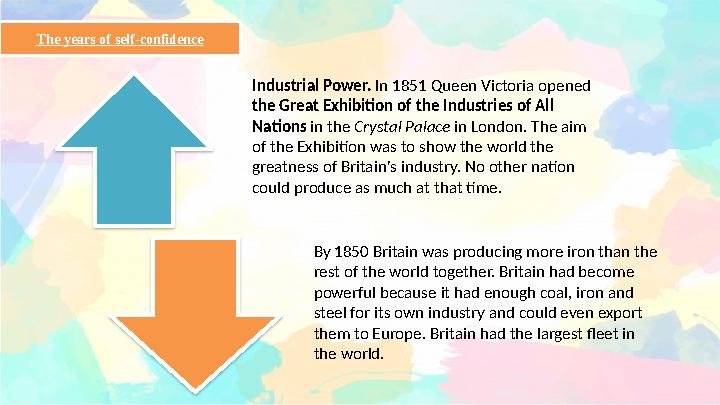 The years of self-confidence Industrial Power. In 1851 Queen Victoria opened the Great Exhibi tion of the Industries of All N