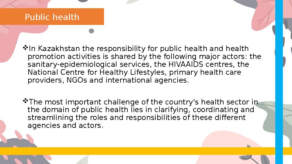 In Kazakhstan the responsibility for public health and health promotion activities is shared by the following major actors: t