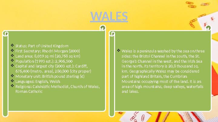 WALES  Status: Part of United Kingdom  First Secretary: Rhodri Morgan (2000)  Land area: 8,019 sq mi (20,768 sq km)  Populat