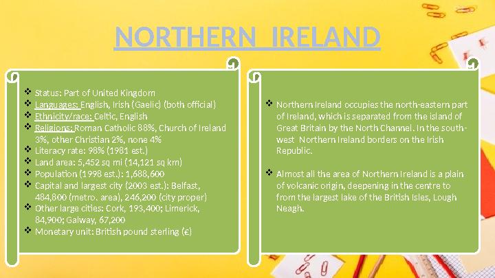NORTHERN IRELAND  Status: Part of United Kingdom  Languages: English, Irish (Gaelic) (both official)  Ethnicity/race: Celt