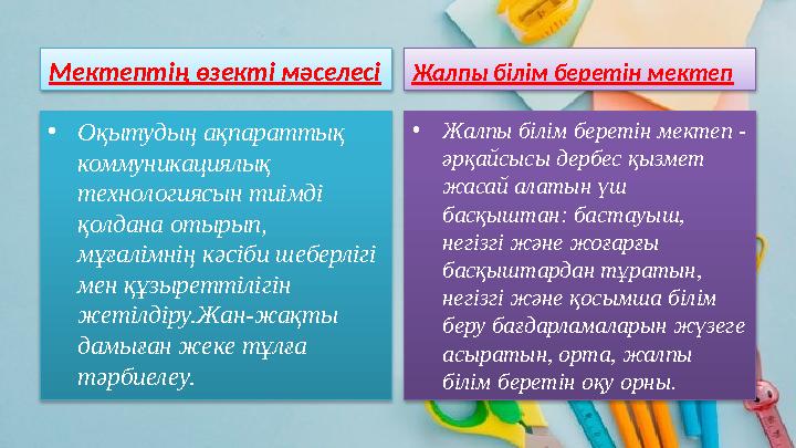Мектептің өзекті мәселесі • Оқытудың ақпараттық коммуникациялық технологиясын тиімді қолдана отырып, мұғалімнің кәсіби шебер