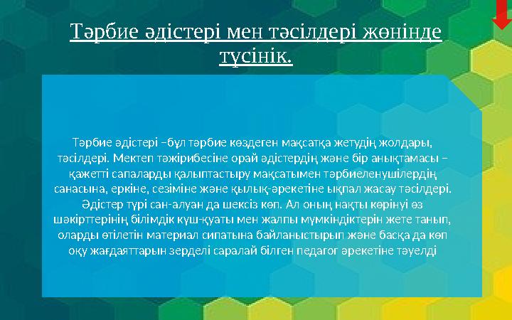 Т ə рбие ə дістері мен т ə сілдері жөнінде түсінік. Т ə рбие ə дістері –бұл т ə рбие көздеген мақсатқа жетудің жолдары, т ə
