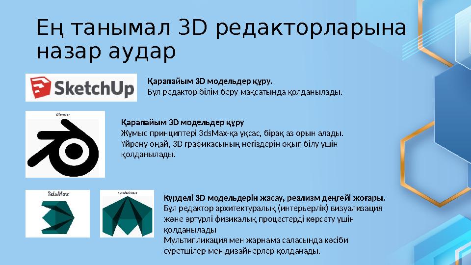 Ең танымал 3D редакторларына назар аудар Қарапайым 3 D модельдер құру. Бұл редактор білім беру мақсатында қолданылады. Күрделі