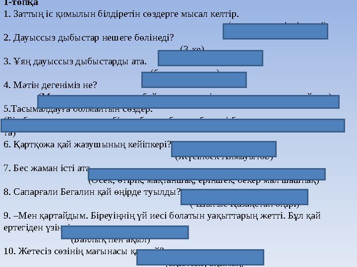 1-топқа 1. Заттың іс қимылын білдіретін сөздерге мысал келтір.