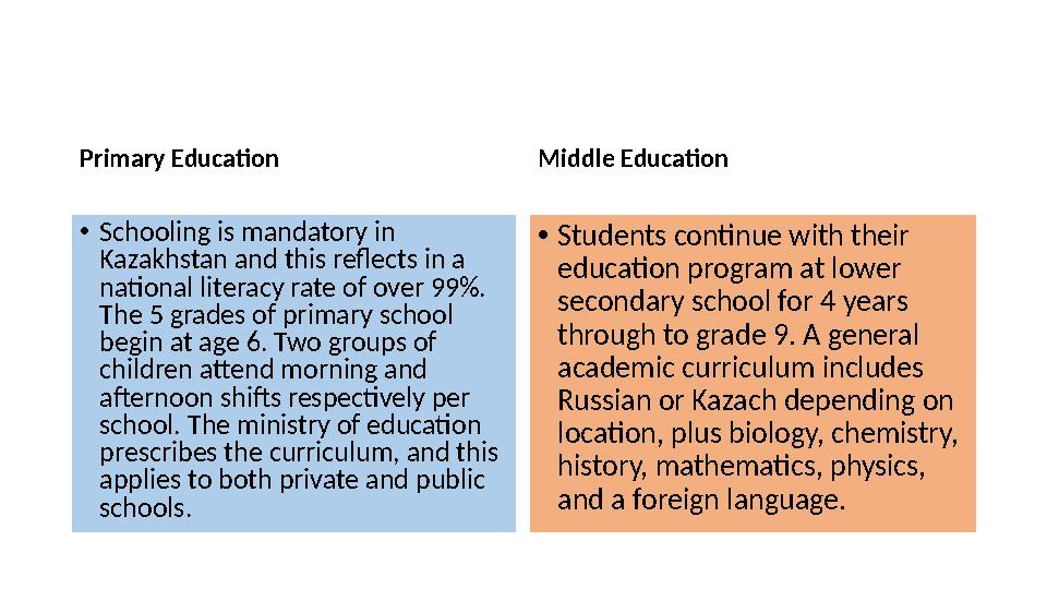 Primary Education • Schooling is mandatory in Kazakhstan and this reflects in a national literacy rate of over 99%. The 5 gra