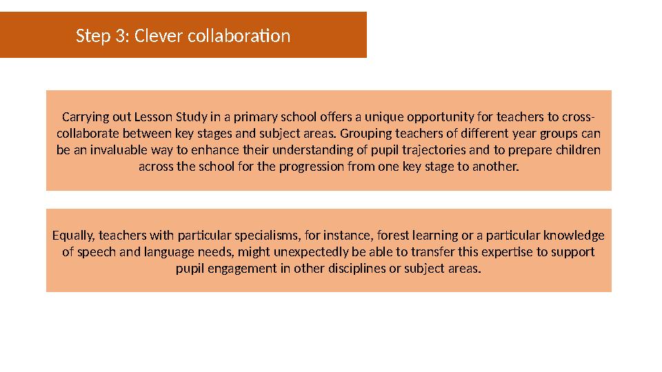 Step 3: Clever collaboration Carrying out Lesson Study in a primary school offers a unique opportunity for teachers to cross- co
