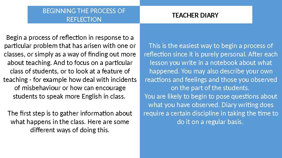 Begin a process of reflection in response to a particular problem that has arisen with one or classes, or simply as a way of f