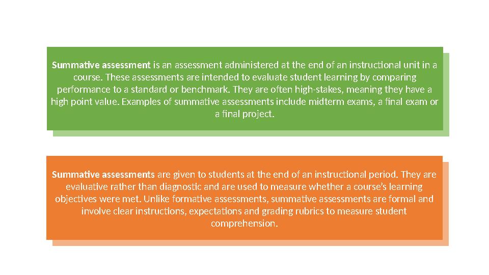 Summative assessment is an assessment administered at the end of an instructional unit in a course. These assessments are inte