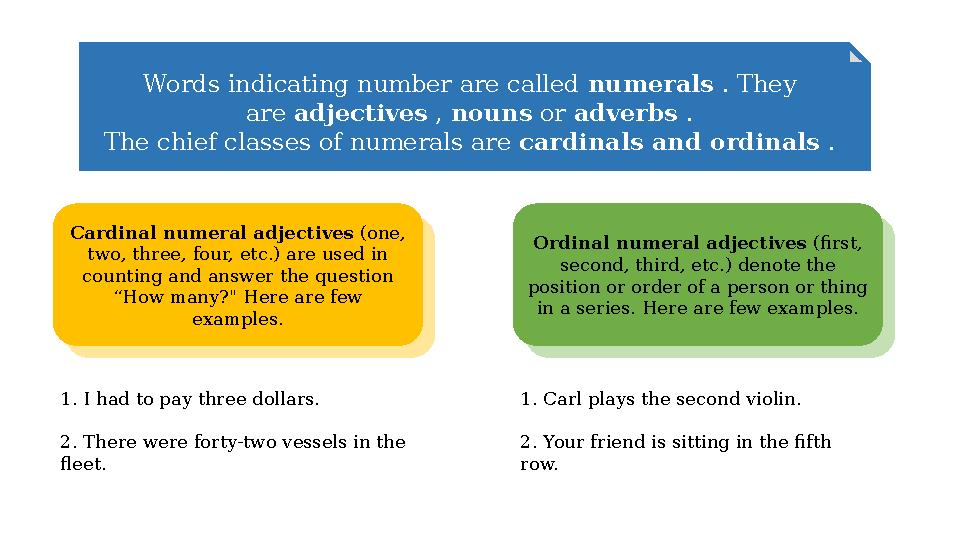 Words indicating number are called numerals . They are adjectives , nouns or adverbs . The chief classes of numerals ar