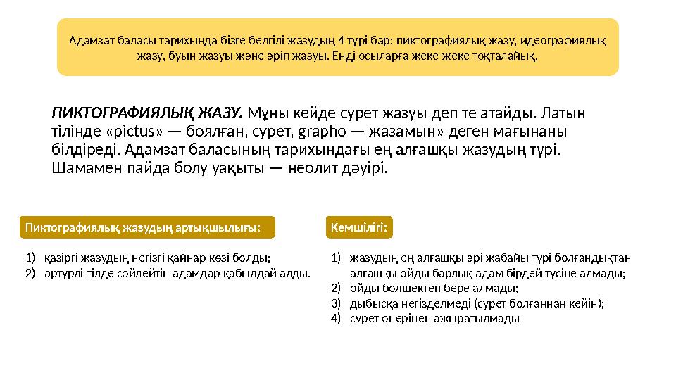 ПИКТОГРАФИЯЛЫҚ ЖАЗУ. Мұны кейде сурет жазуы деп те атайды. Латын тілінде « pictus» — боялған, сурет, grapho — жазамын» деге