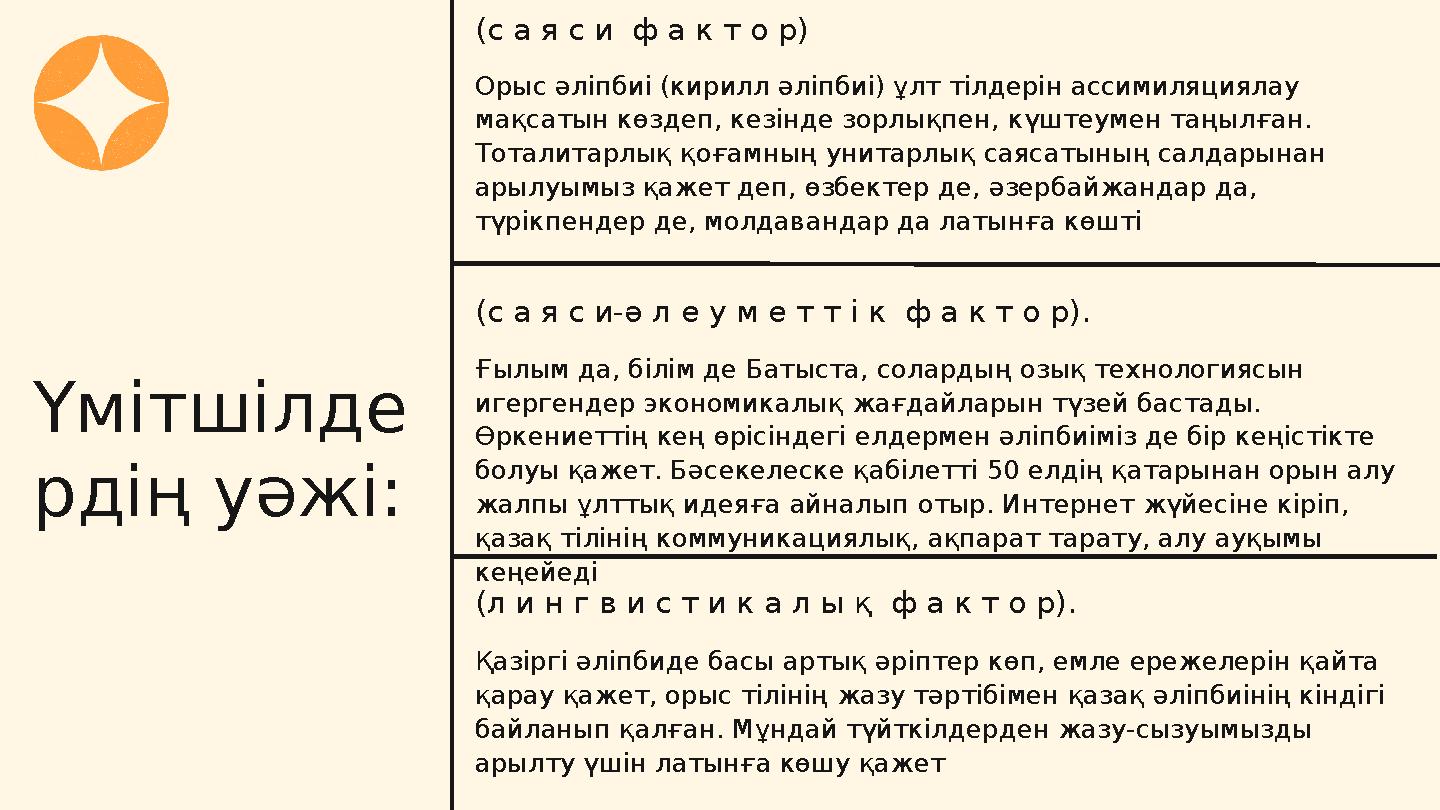 Үмітшілде рдің уәжі: Орыс әліпбиі (кирилл әліпбиі) ұлт тілдерін ассимиляциялау мақсатын көздеп, кезінде зорлықпен, күштеумен т