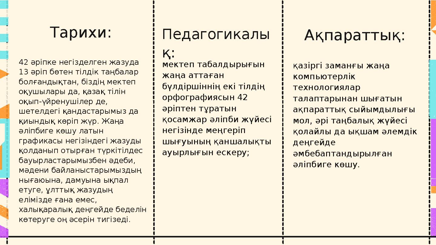 Тарихи: 42 әріпке негізделген жазуда 13 әріп бөтен тілдік таңбалар болғандықтан, біздің мектеп оқушылары да, қазақ тілін оқ