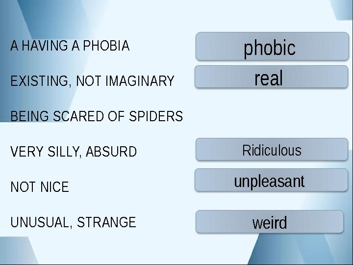 A HAVING A PHOBIA EXISTING, NOT IMAGINARY BEING SCARED OF SPIDERS VERY SILLY, ABSURD NOT NICE UNUSUAL, STRANGE phobic real