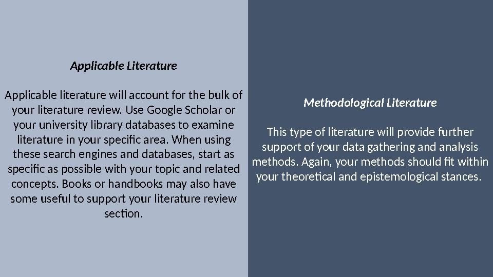 Methodological Literature This type of literature will provide further support of your data gathering and analysis methods. Ag