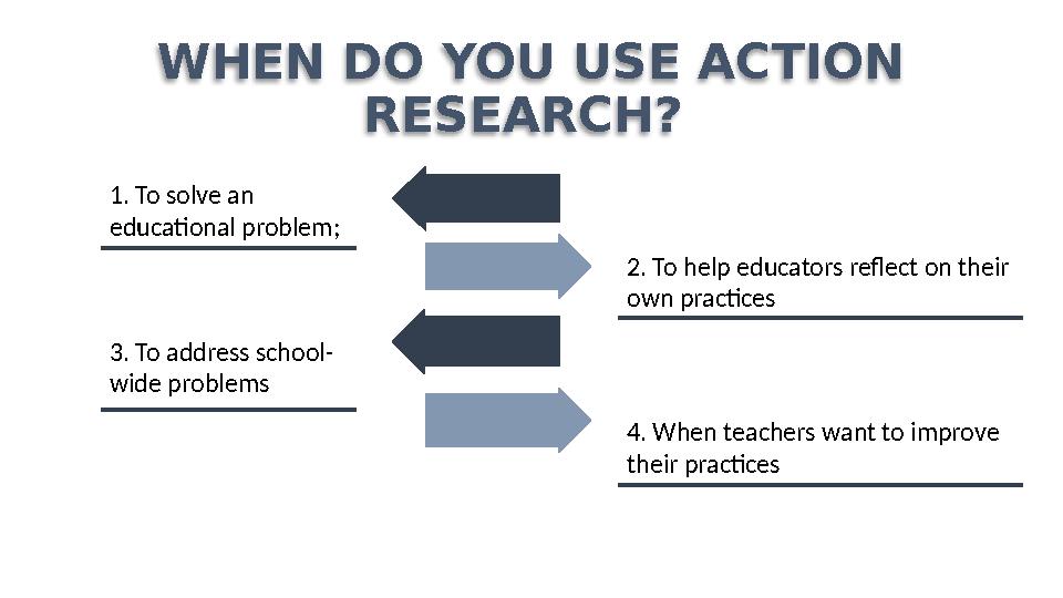 WHEN DO YOU USE ACTION RESEARCH? 1. To solve an educational problem; 2. To help educators reflect on their own practices