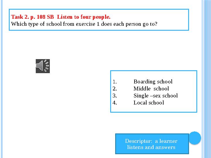 Task 2. p. 108 SB Listen to four people. Which type of school from exercise 1 does each person go to? Descriptor: a learner