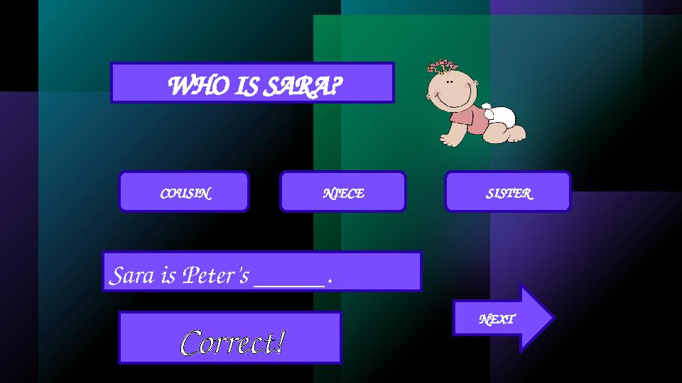 WHO IS SARA? COUSIN NIECE SISTER Sara is Peter’s _____. Correct! NEXT