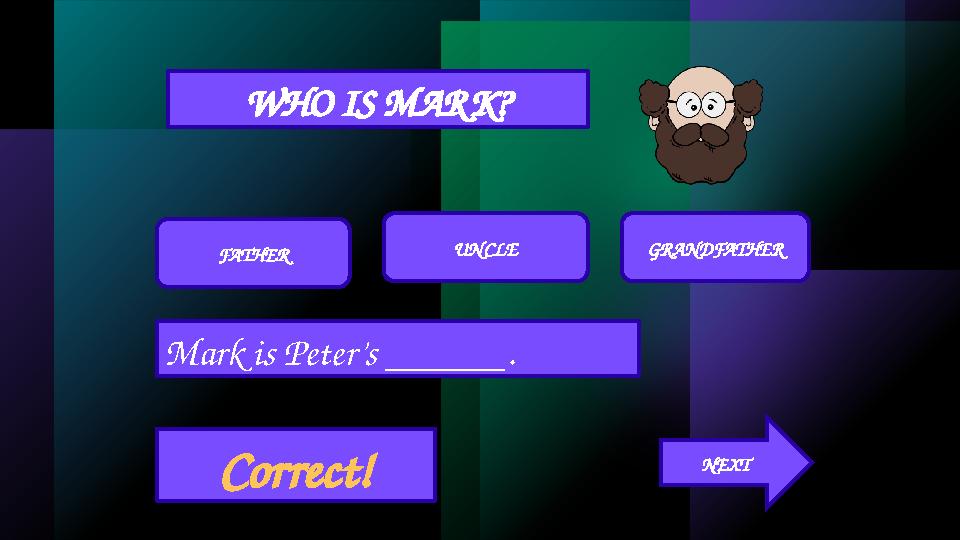 WHO IS MAR K? FATHER UN CLE GRANDFATHER Mark is Peter’s ______. NEXT Correct !