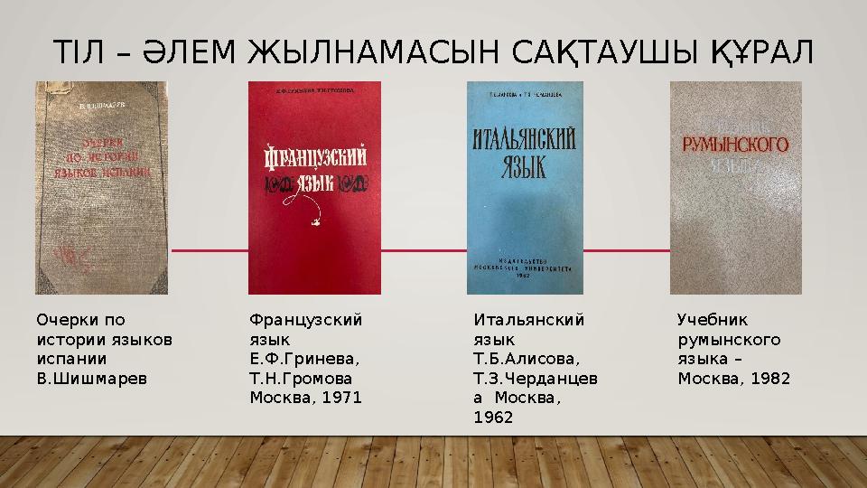 ТІЛ – ӘЛЕМ ЖЫЛНАМАСЫН САҚТАУШЫ ҚҰРАЛ Очерки по истории языков испании В.Шишмарев Французский язык Е.Ф.Гринева, Т.Н.Громо