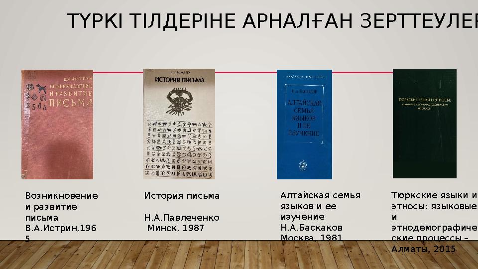 ТҮРКІ ТІЛДЕРІНЕ АРНАЛҒАН ЗЕРТТЕУЛЕР Возникновение и развитие письма В.А.Истрин,196 5 История письма Н.А.Павлеченко Минс